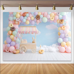 Lofaris Süßigkeitenwagen Geburtstagshintergrund Pastell Luftballons Donuts, wunderschöne Fotokulisse für Kinderparty und Fotoshooting
