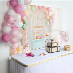 Lofaris Pastellfarbener Party Fotohintergrund mit Luftballons und Süßigkeitenwagen, zauberhafte Kulisse für Babyparty Fotoshooting