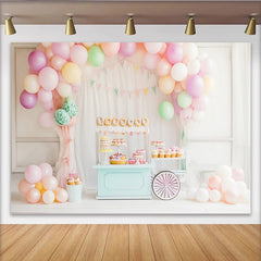 Lofaris Pastellfarbener Party Fotohintergrund mit Luftballons und Süßigkeitenwagen, zauberhafte Kulisse für Babyparty Fotoshooting