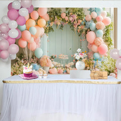 Lofaris Pastellfarbener Blumen-Ballon-Hintergrund mit zarten Blüten und Ballons, elegante Kulisse für Babyparty und Geburtstag sowie Fotostudio