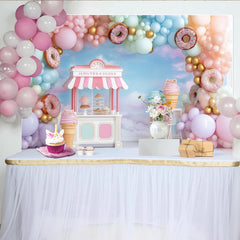 Lofaris Pastellfarbener Süßigkeiten-Hintergrund mit Luftballons und Donuts, verspielte Fotokulisse für Kindergeburtstag und Fotoshooting