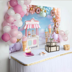 Lofaris Pastellfarbener Süßigkeiten-Hintergrund mit Luftballons und Donuts, verspielte Fotokulisse für Kindergeburtstag und Fotoshooting