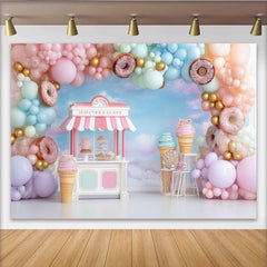 Lofaris Pastellfarbener Süßigkeiten-Hintergrund mit Luftballons und Donuts, verspielte Fotokulisse für Kindergeburtstag und Fotoshooting