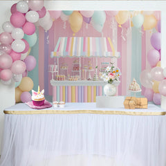 Lofaris Pastell-Geburtstagshintergrund mit Süßigkeitenstand und Luftballons, bezaubernde Party Kulisse für Kinder Fotoshooting