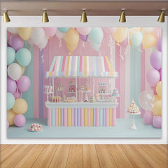 Lofaris Pastell-Geburtstagshintergrund mit Süßigkeitenstand und Luftballons, bezaubernde Party Kulisse für Kinder Fotoshooting