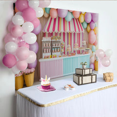Lofaris Bunter Süßigkeitenladen-Geburtstagshintergrund mit Pastell-Luftballons, bezaubernde Fotokulisse für Kinderparty Fotoshooting