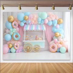 Lofaris Pastell Donut Geburtstagshintergrund mit Luftballons und Dessertwagen, süße Fotokulisse für Kinderparty und Fotoshooting