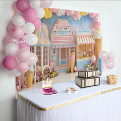 Lofaris Märchenhafter Süßigkeitenladen-Geburtstagshintergrund mit Eis, wunderschöne Fotokulisse für Kinderparty und Fotoshooting