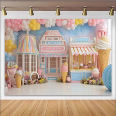 Lofaris Märchenhafter Süßigkeitenladen-Geburtstagshintergrund mit Eis, wunderschöne Fotokulisse für Kinderparty und Fotoshooting