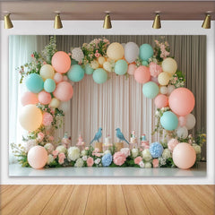 Lofaris Zarter Pastell Babyparty Hintergrund mit Blumen und Vögeln, elegante Fotokulisse für Feierlichkeiten und Fotoshootings