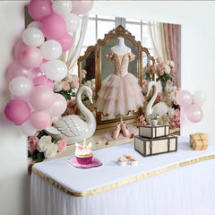 Lofaris Eleganter rosa Ballett-Hintergrund mit Schwan und Rosen, Vintage Fotokulisse für Mädchen und Prinzessinnenparty