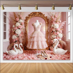 Lofaris Rosa Prinzessinnen Fotohintergrund mit Schwan und Rosen, elegante Kulisse für romantische Fotoshootings und Dekoration