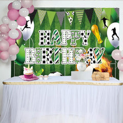 Lofaris Grüner Fußballfeld Happy Birthday Hintergrund für Jungen mit Ballons und Spielern, lebendige Sport-Partydekoration Fotowand mit Trophäe