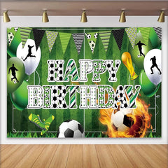 Lofaris Grüner Fußballfeld Happy Birthday Hintergrund für Jungen mit Ballons und Spielern, lebendige Sport-Partydekoration Fotowand mit Trophäe