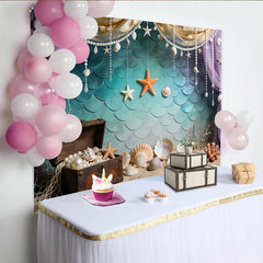 Lofaris Türkis-lila Meerjungfrauenfotohintergrund mit Muscheln und Seesternen, magische Unterwasser-Fotokulisse für Fotoshooting und Party