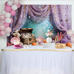 Lofaris Lila Meerjungfrauen-Hintergrund mit schimmernden Perlen und Muscheln, elegante Unterwasser-Schatzkulisse für Fotostudio