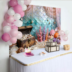 Lofaris Meerjungfrauen-Schatz Fotohintergrund mit Muscheln und Perlen, traumhafte Kulisse für Kinder Babyparty Fotoshooting