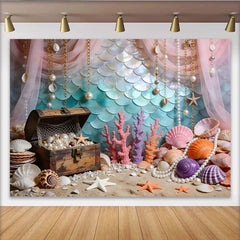 Lofaris Meerjungfrauen-Schatz Fotohintergrund mit Muscheln und Perlen, traumhafte Kulisse für Kinder Babyparty Fotoshooting