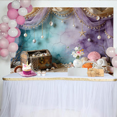 Lofaris Blau-lila Unterwasser-Hintergrund mit Schatzkiste und Perlen, märchenhafte Kulisse für Fotoshooting und Kinderparty