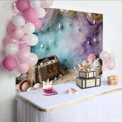 Lofaris Blau-lila Unterwasser-Hintergrund mit Schatzkiste und Perlen, märchenhafte Kulisse für Fotoshooting und Kinderparty