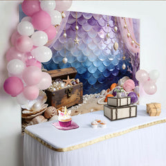 Lofaris Meerjungfrauenschuppen Hintergrund mit Schatzkiste Muscheln und Perlen, Unterwasser Fotokulisse für Fotoshooting und Party