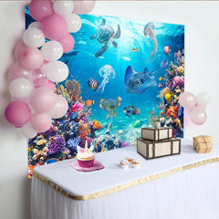 Lofaris Lebendiger Unterwasser Korallenriff Fotohintergrund mit Schildkröte und bunten Fischen, strahlende Kulisse für Fotografie