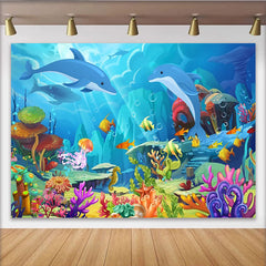 Lofaris Bunter Delfin-Unterwasser-Hintergrund mit Korallen und Fischen, lebendige Fotowand für Kindergeburtstag und Fotoshooting