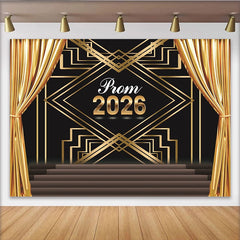 Lofaris Schwarz-Gold Art-Déco Abschlussball 2026 Hintergrund, Eleganter Fotohintergrund mit goldenen Vorhängen für glamouröse Partys