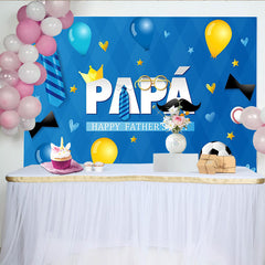 Lofaris Blauer Vatertagshintergrund mit Krawatten und Schnurrbart, festliche Fotowand für Papa Familienfeiern und Fotoshootings