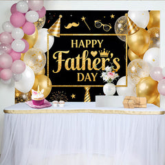 Lofaris Schwarz-goldener Happy Father's Day Vatertagshintergrund mit Ballons und Glitzer, elegante Fotowand für festliche Vatertagsfeie