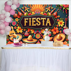 Lofaris Bunter Mexikanischer Fiesta Hintergrund mit Sombreros, Gitarren und Blumen, lebendige Partydekoration für Fotoshooting