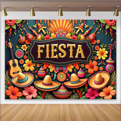 Lofaris Bunter Mexikanischer Fiesta Hintergrund mit Sombreros, Gitarren und Blumen, lebendige Partydekoration für Fotoshooting