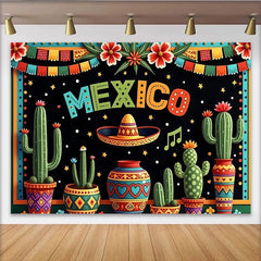 Lofaris Bunter Mexiko Party Hintergrund mit Sombrero und Kakteen, festliche Kulisse für Cinco de Mayo und Fiesta Dekoration