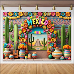 Lofaris Bunter Mexiko-Fiesta-Hintergrund mit Kakteen und Blumen, lebendige Fotowand für festliche Anlässe und Eventdekoration