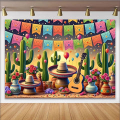 Lofaris Bunter Mexikanischer Fiesta Hintergrund mit Kakteen, Sombreros und Gitarre, lebendige Partydekoration für Fotoshootings