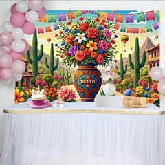 Lofaris Bunter Mexikofest-Hintergrund mit Blumen Kakteen und Heißluftballons, festliche Fotowand für lebendige Fiesta Party Dekoration