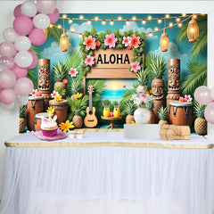 Lofaris Aloha Hawaii-Party-Hintergrund mit Palmen und Tiki-Statuen, tropische Fotowand für Sommer Strand Party Dekoration und Fotoshooting