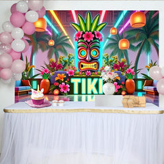 Lofaris Vibranter Neon-Tiki Fotohintergrund mit Palmen und tropischen Blumen, farbenfrohe Kulisse für Sommerpartys und Fotoshootings