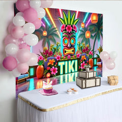 Lofaris Vibranter Neon-Tiki Fotohintergrund mit Palmen und tropischen Blumen, farbenfrohe Kulisse für Sommerpartys und Fotoshootings