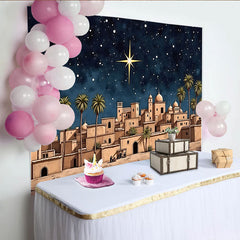 Lofaris Bethlehem Weihnachtskrippen-Hintergrund mit Stern und Palmen, dunkelblauer Fotohintergrund für festliche Weihnachtsdekoration