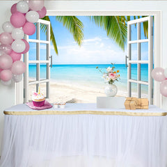 Lofaris Weißes Fenster Tropischer Strand Hintergrund mit Palmen, sommerliche Kulisse für Urlaubsfotos und Fotostudio