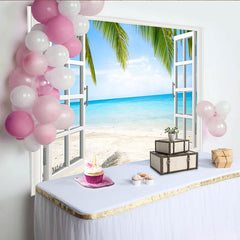 Lofaris Weißes Fenster Tropischer Strand Hintergrund mit Palmen, sommerliche Kulisse für Urlaubsfotos und Fotostudio