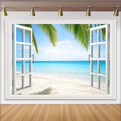 Lofaris Weißes Fenster Tropischer Strand Hintergrund mit Palmen, sommerliche Kulisse für Urlaubsfotos und Fotostudio