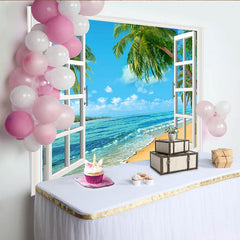 Lofaris Tropischer Fensterblick-Hintergrund mit weißem Rahmen, Palmen und blauem Meer, sommerliche Fotokulisse für entspannte Urlaubsfotos