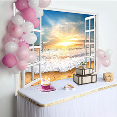 Lofaris Fensterblick Strandhintergrund mit Sonnenuntergang und Wellen, realistische Kulisse für Fotostudio und Wohnzimmer Dekoration