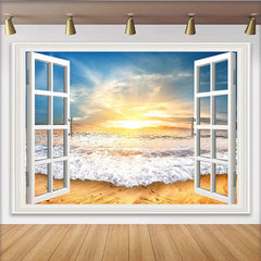 Lofaris Fensterblick Strandhintergrund mit Sonnenuntergang und Wellen, realistische Kulisse für Fotostudio und Wohnzimmer Dekoration