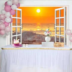Lofaris Weißer Fensterblick Sonnenuntergangs-Hintergrund mit Meereswellen, oranger Strand Fotokulisse für Fotostudio und Heimdekoration