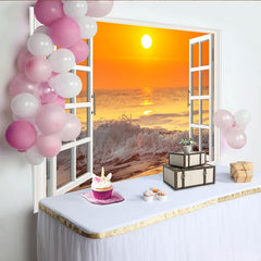 Lofaris Weißer Fensterblick Sonnenuntergangs-Hintergrund mit Meereswellen, oranger Strand Fotokulisse für Fotostudio und Heimdekoration