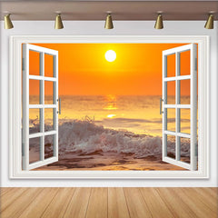 Lofaris Weißer Fensterblick Sonnenuntergangs-Hintergrund mit Meereswellen, oranger Strand Fotokulisse für Fotostudio und Heimdekoration