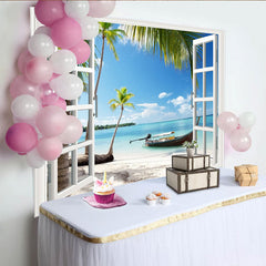 Lofaris Idyllischer Tropenstrand Hintergrund mit Palmen und blauem Meer, realistische Fensterblick Kulisse für entspannte Fotoshootings